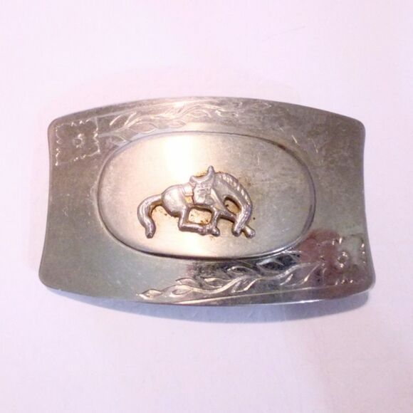 Vintage Western Horse Rodeo Themed Silver Belt Buckle - Picture 1 of 4